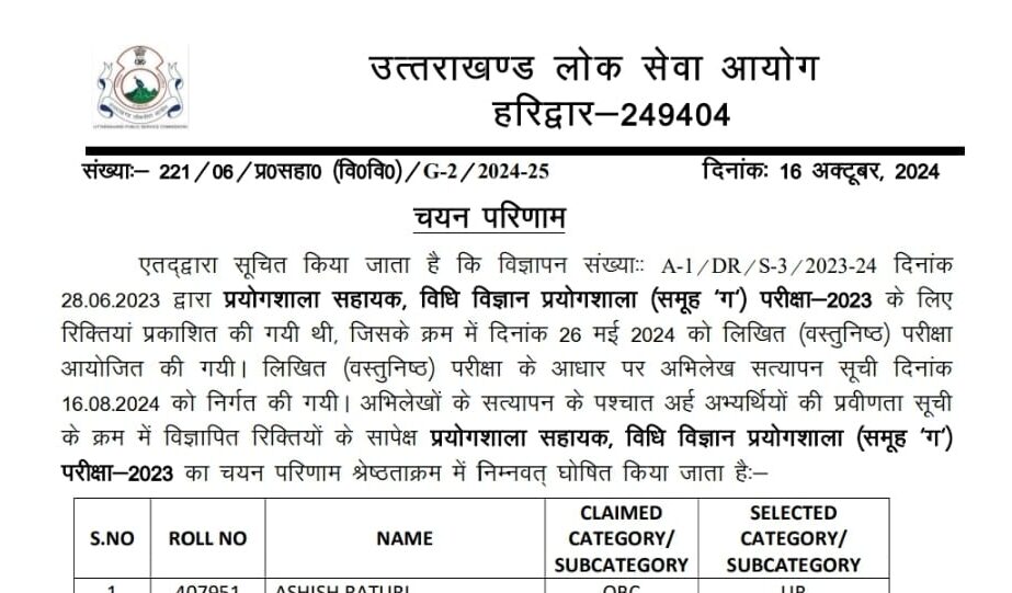 उत्तराखण्ड लोक सेवा आयोग ने घोषित किया इन दो भर्ती परीक्षाओं का रिजल्ट