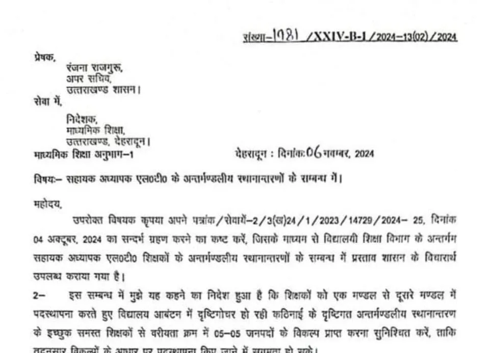 एलटी शिक्षकों के अन्तर्मण्डलीय स्थानान्तरण को लेकर बड़ा अपडेट