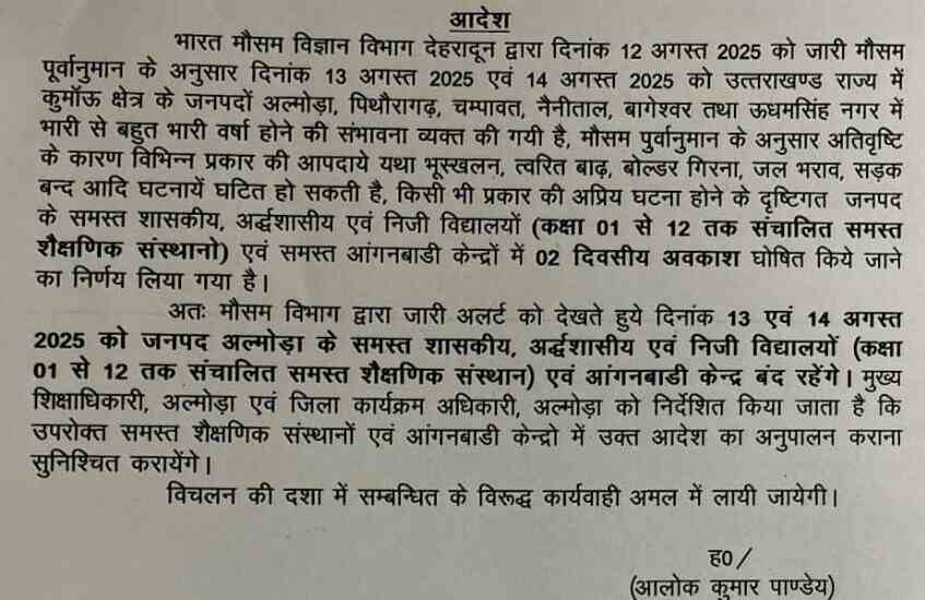 उत्तराखंड के इन दो जिलों में कल स्कूलों में अवकाश घोषित
