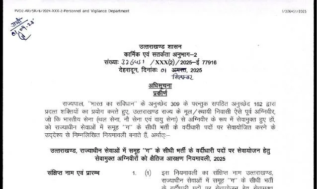 मुख्यमंत्री धामी ने पूरा किया वायदा, अग्निवीर आरक्षण नियमावली जारी