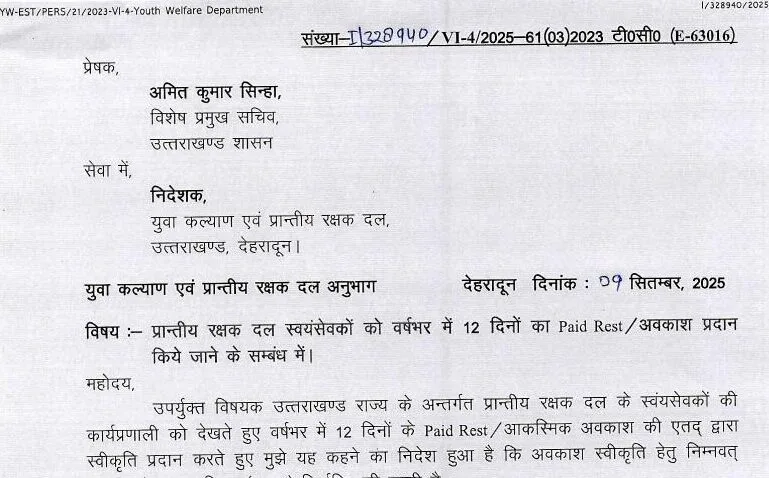 पीआरडी स्वयंसेवकों को मिलेगा 12 दिन का मानदेय सहित अवकाश