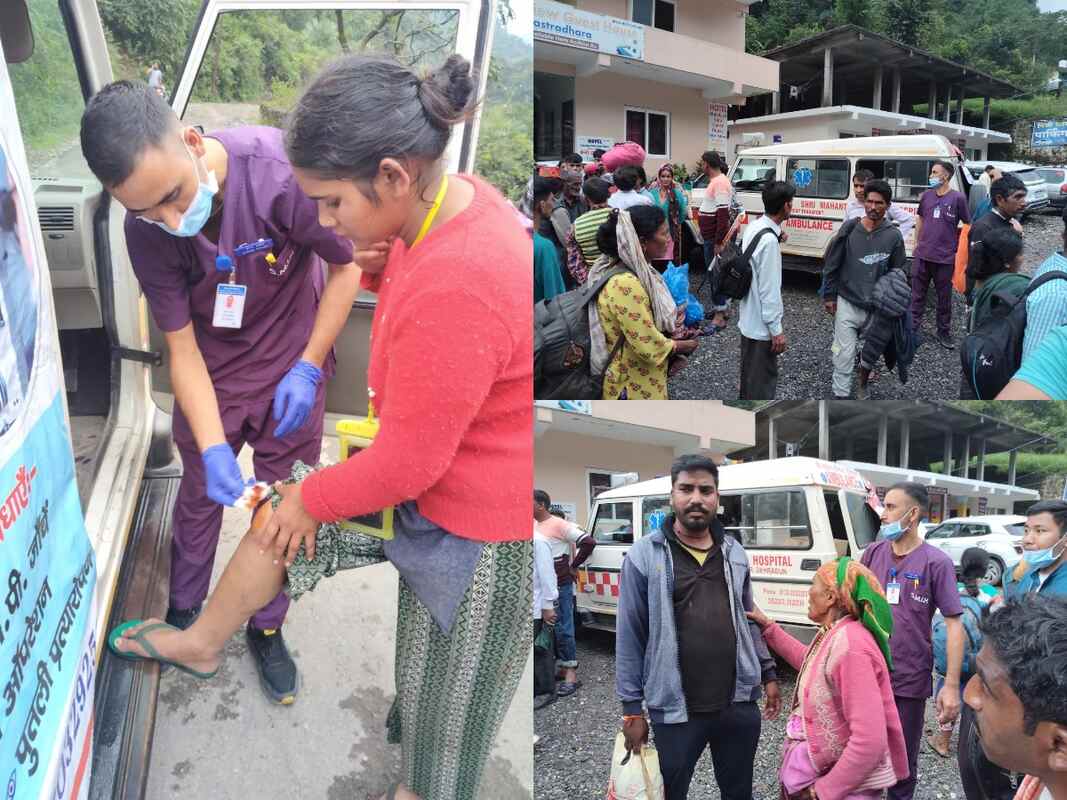 SGRRU और श्री महंत इन्दिरेश अस्पताल की टीम दवाइयां व मेडिकल सहायता लेकर सहस्त्रधारा पहुँची