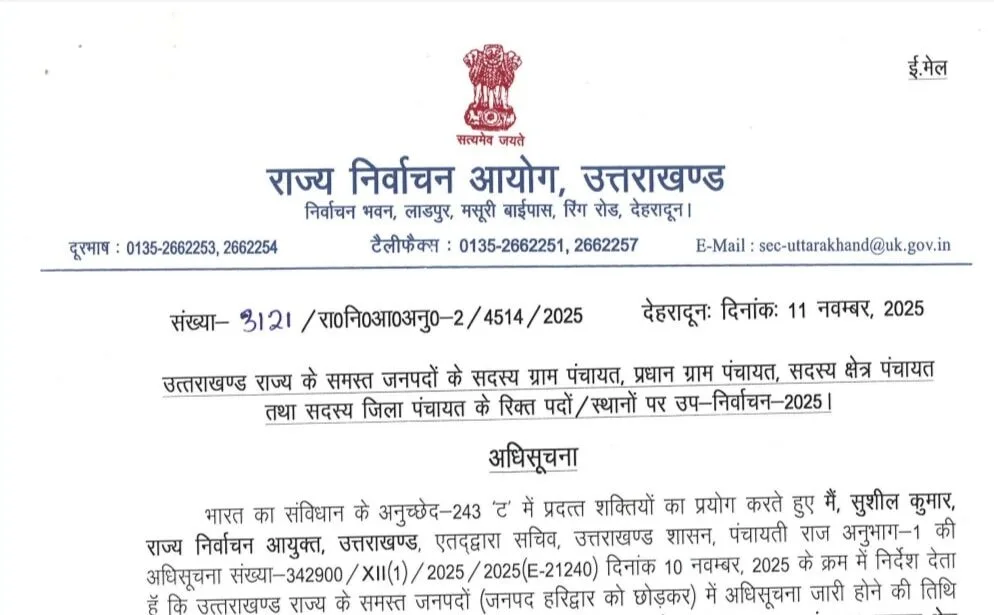 त्रिस्तरीय पंचायतों के उपचुनाव की अधिसूचना जारी, 20 नवम्बर को होगा मतदान