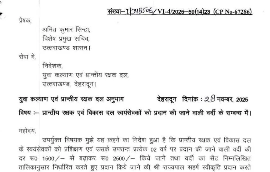 पीआरडी स्वयंसेवकों को अब मिलेगा ₹2500 वर्दी भत्ता