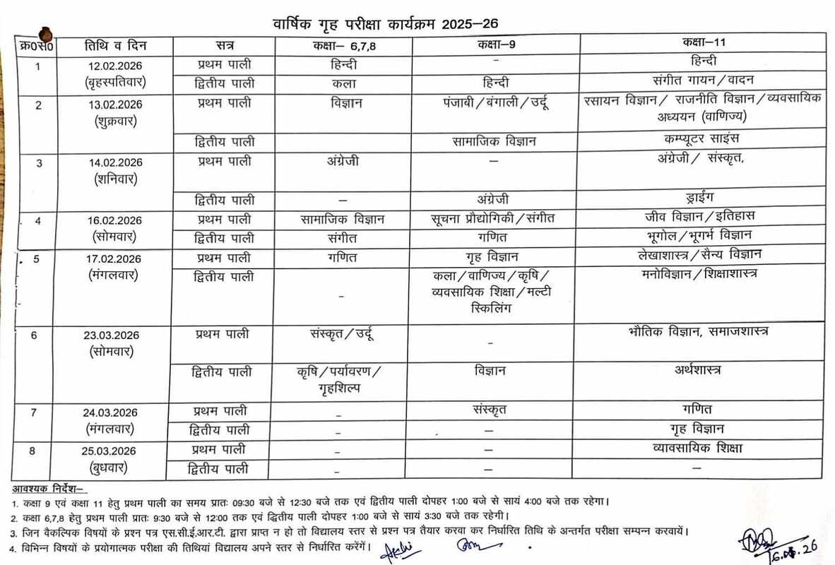 माध्यमिक विद्यालयों में वार्षिक गृह परीक्षा-2026 का कार्यक्रम जारी