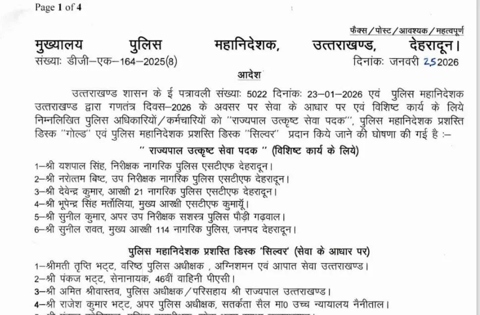 गणतंत्र दिवस पर उत्तराखंड पुलिस के 130 अधिकारियों-कर्मचारियों को मेडल, देखें सूची