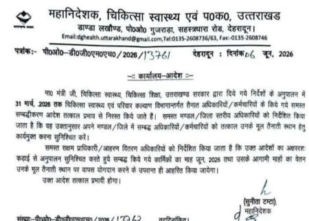 स्वास्थ्य विभाग में सभी अटैचमेंट समाप्त, मूल तैनती स्थल पर लौटने के आदेश